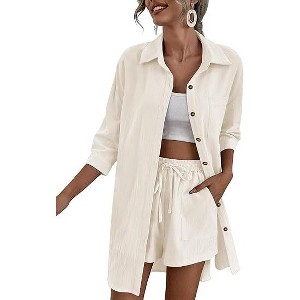 Zeagoo Women’s 2 Piece Lounge Tracksuit Outfit Sets Cotton Linen High Low Shirt and Drawstring Casual Shorts Set - 1 of 4