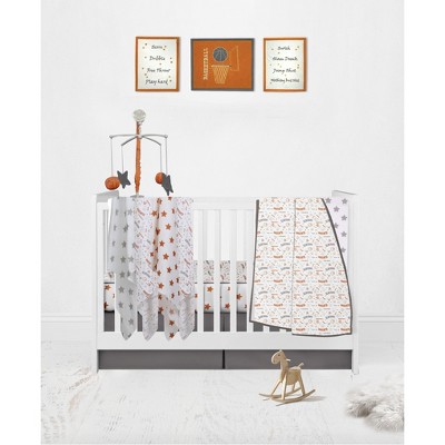 Bacati - Boys Basketball Muslin Orange Gray 10 pc Crib Bedding Set with 4 Swaddling Blankets