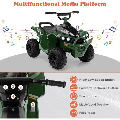 Costway 12V Ride On ATV Battery Powered Electric Vehicle for Kids with Tread Tires Forward/Backward Horn Music Lights High/Low Speed Green