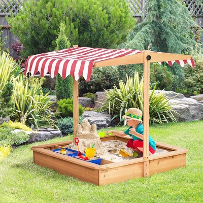 VYNXARIA Kids Wooden Sandbox,Children Sand Play Station Outdoor,with Adjustable Height Cover,Bottom Liner,Seat,Plastic Basins,Lawn