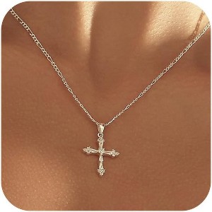 Dainty Gold Cross Necklace for Women, 14K Gold Plated Small Pendant Choker - 1 of 4