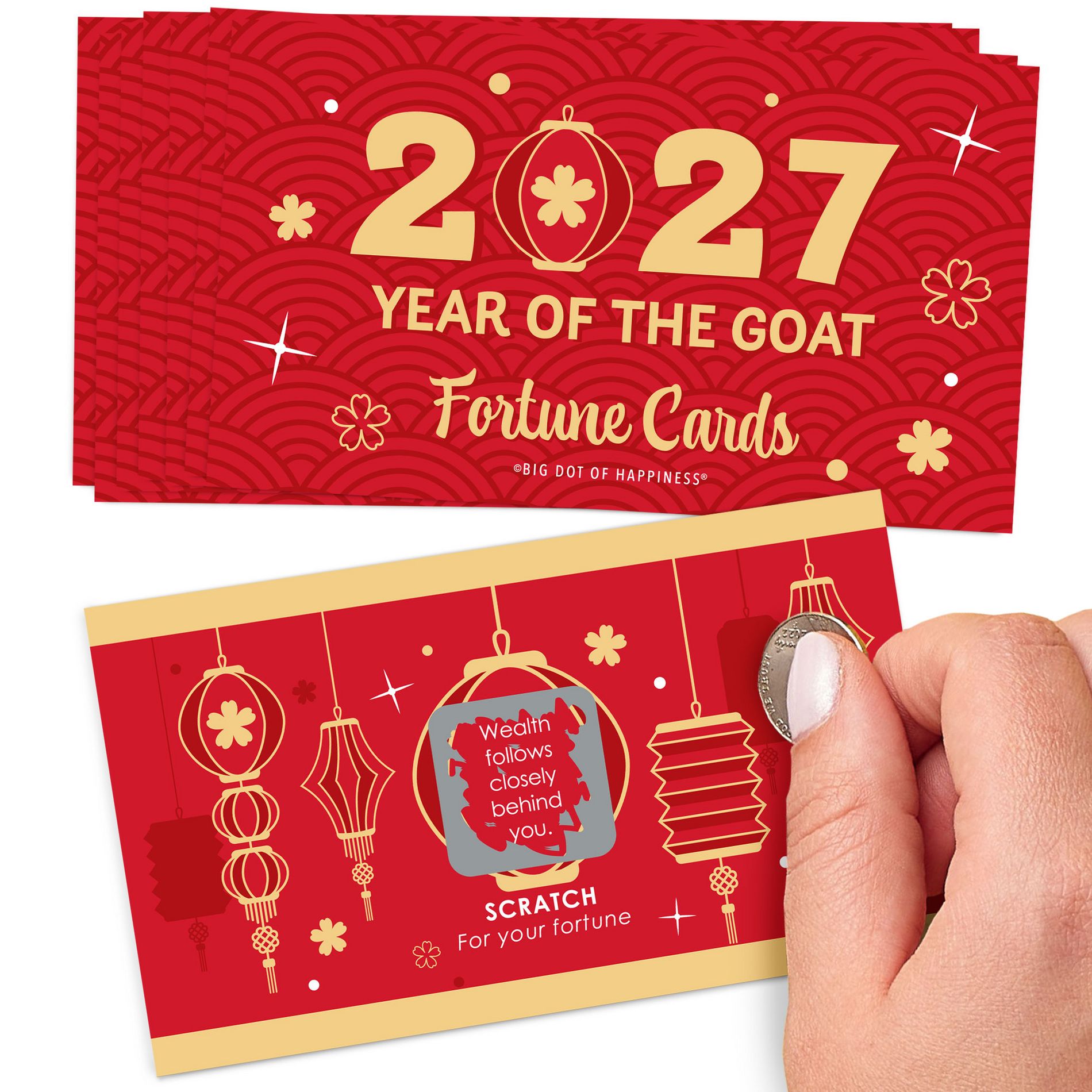Big Dot of Happiness Lunar New Year - 2027 Year of the Goat Game Scratch Off Fortune Cards - 22 Count