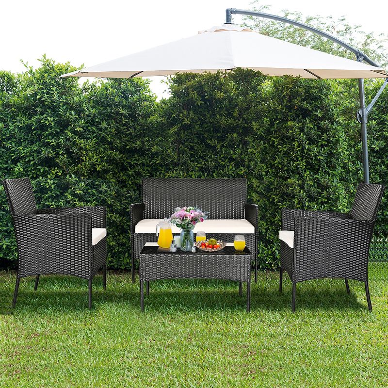 Costway 4PCS Rattan Patio Furniture Set Cushioned Sofa Chair Coffee Table, 2 of 9
