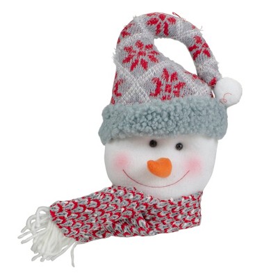 Northlight 11" Gray and Red Plush Knit Snowman Head Christmas Ornament