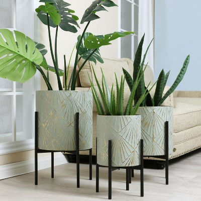 Set of 3 Gray and Gold Metal Cachepot Planters with Black Stands