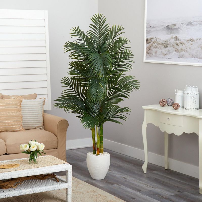 Nearly Natural 6-ft Golden Cane Artificial Palm Tree in White Planter, 4 of 5