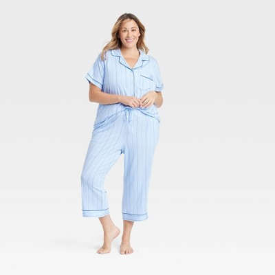 Image of Women's Cloud Knit Short Sleeve Notch Collar Top and Cropped Pants Pajama Set - Auden™ Light Blue Stripe 1X
