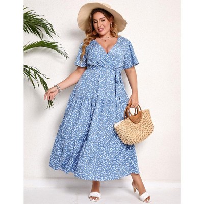 Women Plus Size Maxi Dress V Neck Summer Dress Short Sleeve Long Dress High Waist Ruffle Casual Dress with Belt, Blue White Flower, 5XL
