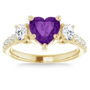 Pompeii3 7mm Amethyst Three-Stone Diamond Heart Shape Ring in 14k White or Yellow Gold - 1 of 2