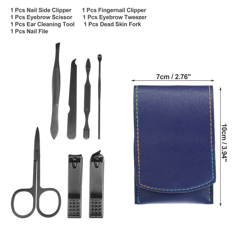 Unique Bargains Stainless Steel Pedicure Nail Clippers Scissors Tool Set for Men Women Black with Blue PU Leather 7 Pcs, 2 of 4
