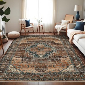 8x10 Distressed Floral Area Rug - Washable Low Pile Carpet with Non-Slip Backing for Living Room, Bedroom, Open Spaces -Sage Green/Bedige - 1 of 1