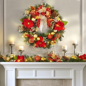 Christmas Wreath and Garland Set, Red Golden Lighted Christmas Wreath with Lights and  Christmas Garland Set for Front Door Outside Decorations - 1 of 4