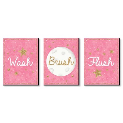 Big Dot of Happiness Pink Twinkle Twinkle Little Star - Kids Bathroom Rules Wall Art - 7.5 x 10 inches - Set of 3 Signs - Wash, Brush, Flush