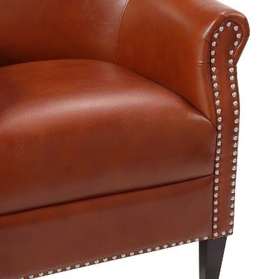 Caramel Leather Club Accent Chair with Wood Frame