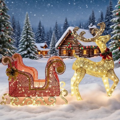 Joyfy 2 Pack 3D Christmas Reindeer and Sleigh Yard Lights with 215 Warm White LED Lights for Christmas Indoor Outdoor Holiday Decorations, Xmas Event