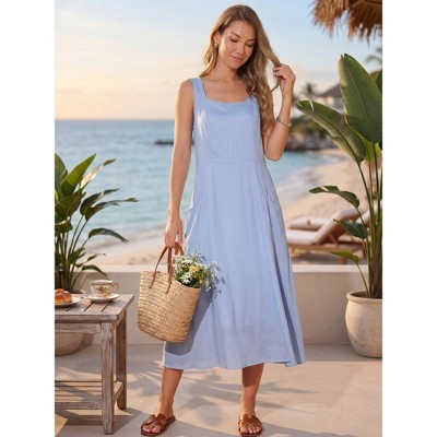 Женские платья INSPIRE CHIC Women's Linen Summer Sleeveless Casual Loose Flowy Maxi Tank Beach Sundress Large Sky Blue — фото 4