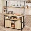 Farmhouse Kitchen Island with 4 Fixed Side Hooks and 5 Removable Top Hooks, Coffee Bar Table with Sliding Barn Doors for Dining Room, Natural - 3 of 4