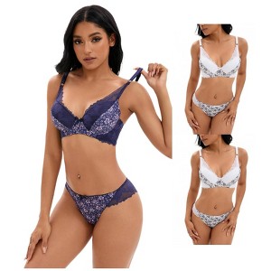 INSPIRE CHIC 3 Sets Women's Floral Mesh Push-Up Underwire Lace Bra and Underwear Lingerie Set - 1 of 4