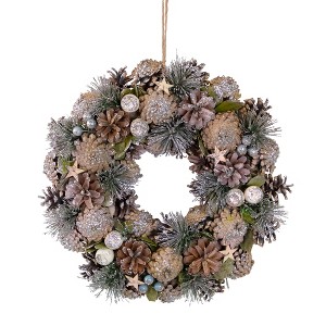 Northlight Pastel Pink Pine Cones and Stars Glittered Artificial Christmas Wreath, 13-Inch, Unlit - 1 of 3