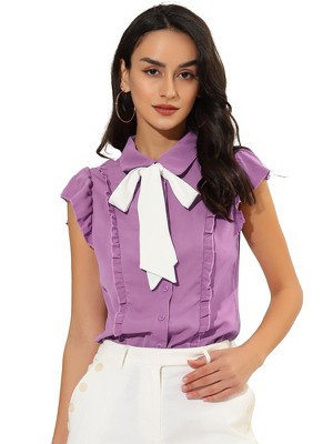 Allegra K Women's Ruffles Cap Sleeve Tops Tie Neck Button Up Peter Pan Collar Blouse Shirts