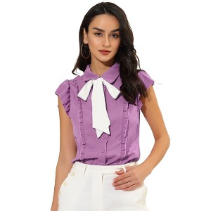 Allegra K Women's Ruffles Cap Sleeve Tops Tie Neck Button Up Peter Pan Collar Blouse Shirts - 1 of 4