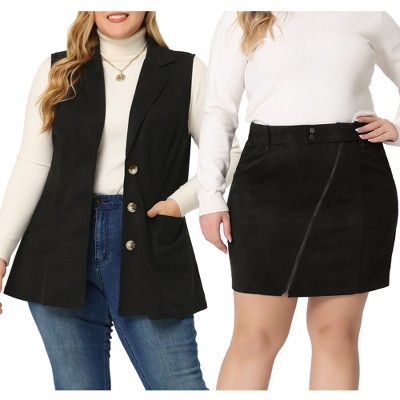 Agnes Orinda Women's Plus Size 2 Pieces Faux Suede Sleeveless Lapel Fashion Vest and Zipper Elastic Waist Mini Skirt Matching Set