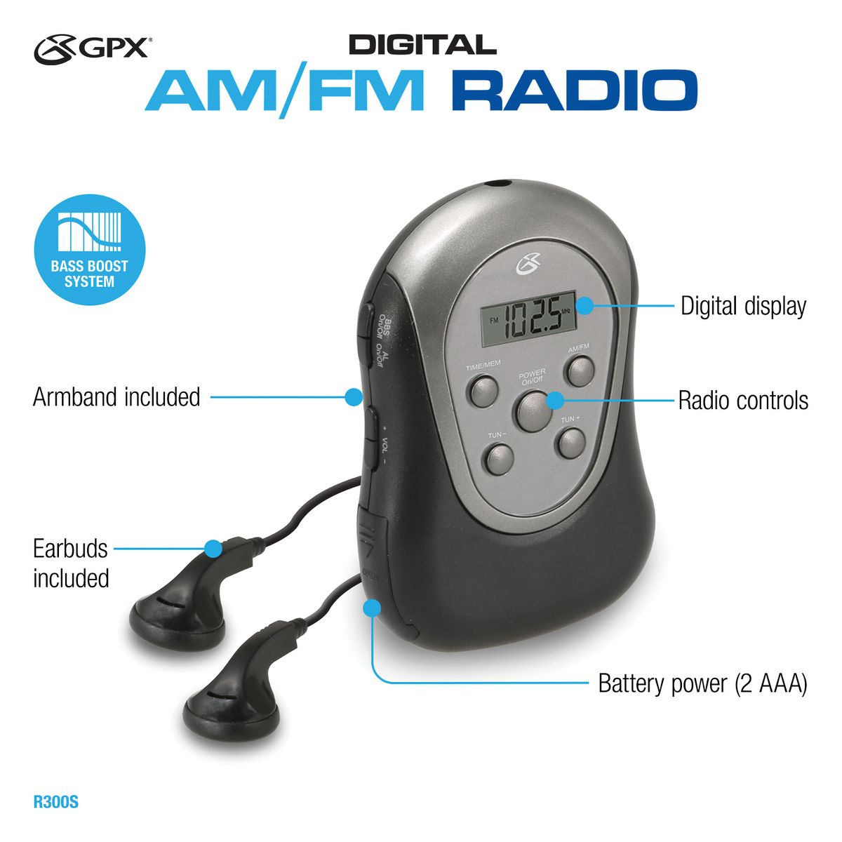 GPX® Portable AM/FM Armband Radio with Earbud Heaphones, Black and Silver, R300S - thumbnail 9