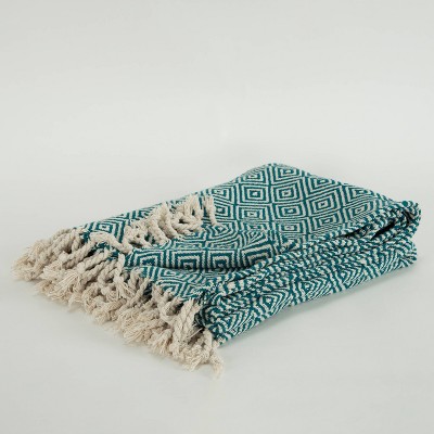 Teal and Natural Cotton Geometric Throw Blanket with Fringed Edge