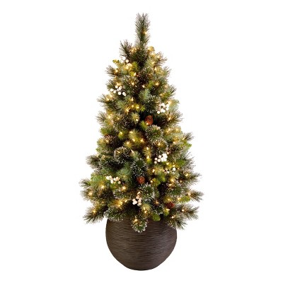 HGTV 4' Pre-lit Glittered Potted Crestwood Spruce Mini Artificial Christmas Tree with White Lights