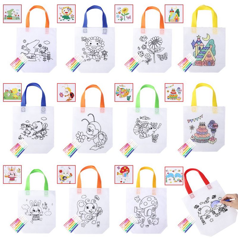 12 Pcs Return Gift Bags for Kids Birthday Reusable Party Goodie Bags with 12 Packs Pattern and Markers for Coloring Your Own Bag, 3 of 8