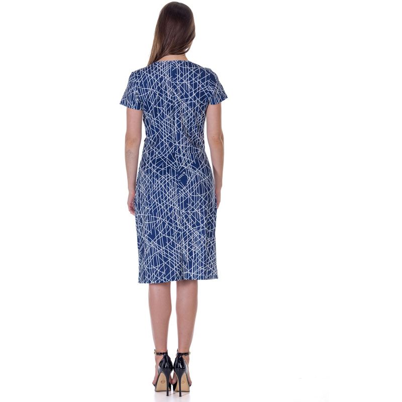 24seven Comfort Apparel Navy Geometric Print Knee Length Short Sleeve Faux Wrap Dress, 3 of 9