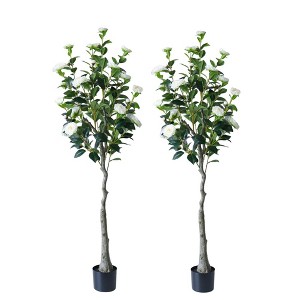 2Pack Artificial Camellia Tree,5FT  Faux Camellia Plant Fake Potted Camellia Flower Tree Realistic Trunk And Flowers for Home Office Living Room - 1 of 4