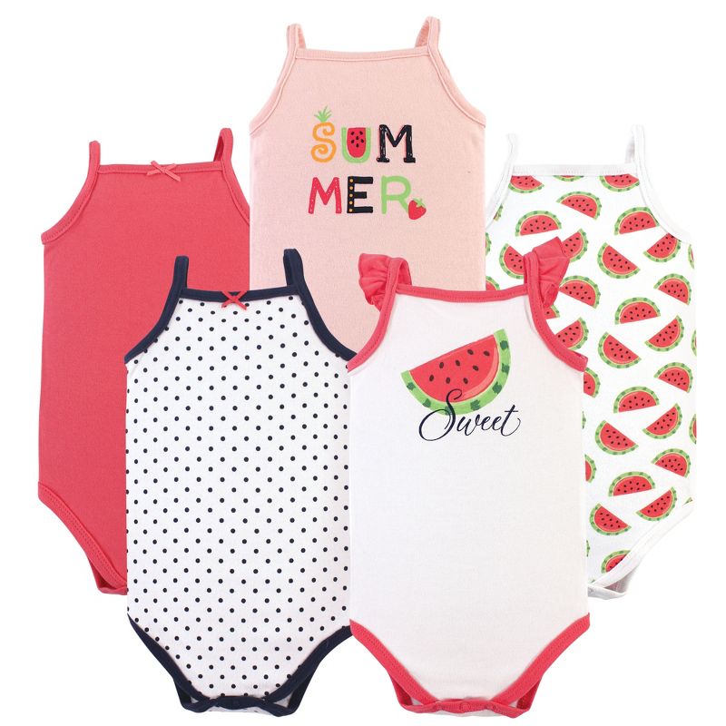 Hudson Baby Infant Girl Cotton Sleeveless Bodysuits 5pk, Watermelon, 1 of 3