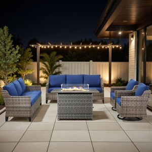 Outdoor Patio Furniture Set with Fire Pit Table and Swivel Rocking Chairs,5 Pieces Wicker Conversation Sets 3-Seater Sofa Couch Outside Furniture - 1 of 4