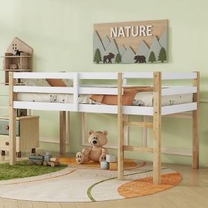 TIRAMISUBEST Twin Size Low Loft Bed with Ladder and Guardrail, Rubber Wood Loft Bedframe with Slats Support,Kids Playhouse Bed - 1 of 4