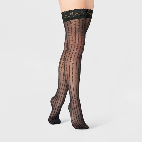 Women's Vertical Pattern Sheer Thigh Highs With Lace Trim - A New Day™  Black : Target