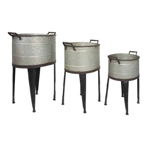 Storied Home Metal Buckets with Handles On Stand - Set of 3 : No Drainage, Rustic Silver Planters - 1 of 4