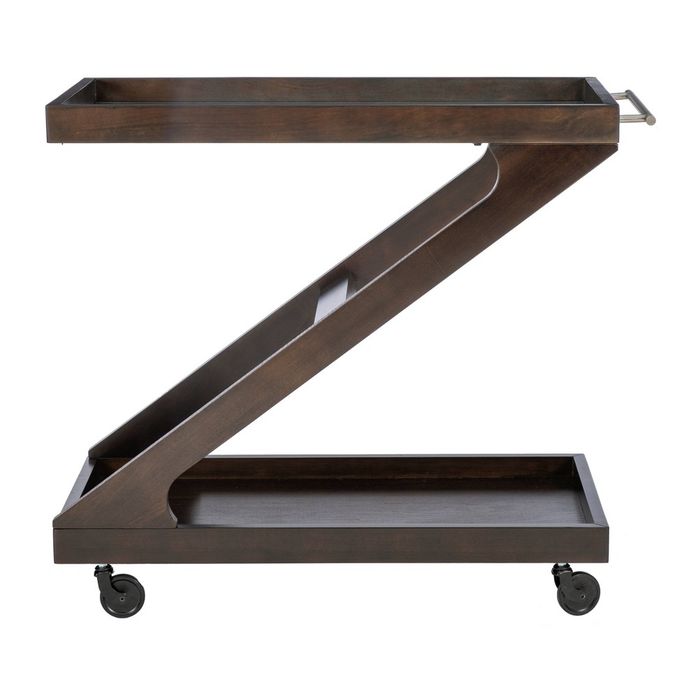 Jepperd Z-Shaped Solid Wood and Tempered Glass Top Rolling Bar Cart Umber - Powell: Mid-Century Modern, 2 Shelves, Metal Hardware