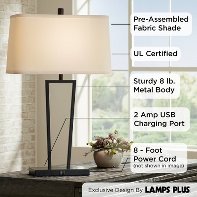 Cole Black Metal Table Lamps with USB Ports and White Shades, Set of 2