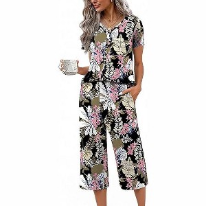 Ekouaer Women's Pajama Sets Short Sleeve Sleepwear Button Up Pj Loungewear Top and Capri Pants with Pockets - 1 of 4