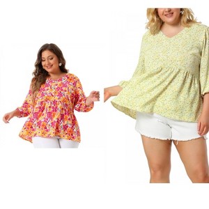 Women's Plus Size 2 Pieces V Neck Babydoll 3/4 Sleeve Pleat Floral Flowy Blouses - Agnes Orinda - 1 of 4