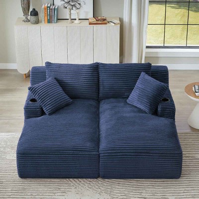 Double Chaise Lounge with Cupholders, Sleeper Loveseat with Spring-Padded Seats, Upholstered Corduroy Chaise Lounge-Coolbibila