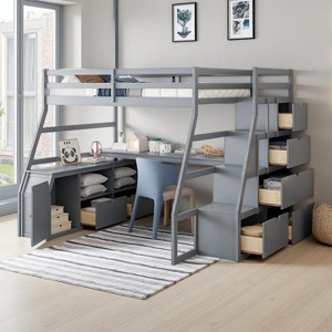 Polibi Full Size Loft Bed with Desk, 7 Drawers, Storage Staircase & Cabinet - 1 of 4