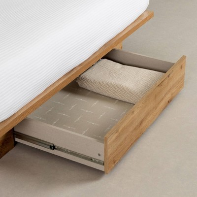 Queen Oak Wood Platform Bed with Single Drawer