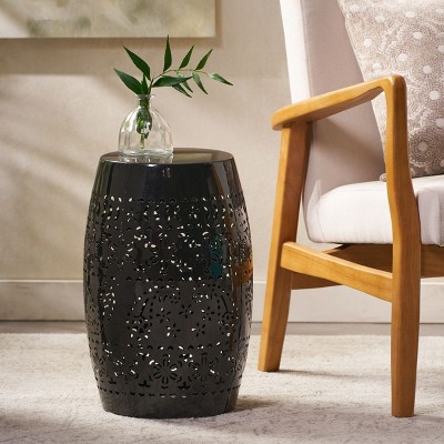 Apollos Modern Lace Cut Iron Side Table,12"Round End Table With Storage,Drum Accent Table-Cuddlewood