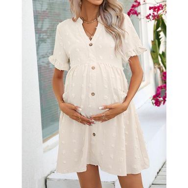 Womens Maternity Dress Swiss Dot V Neck Short Sleeve Button Down Summer Casual Baby Shower Mini Dresses Beige M