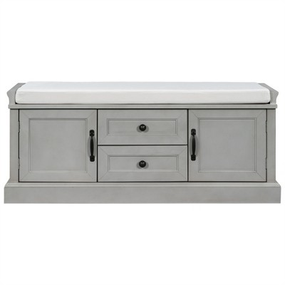 OUTSUPPLY Entryway Storage Bench with 2 Drawers and 2 Cabinets, Removable Velvet Cushion for Hallway, Living Room, Mudroom