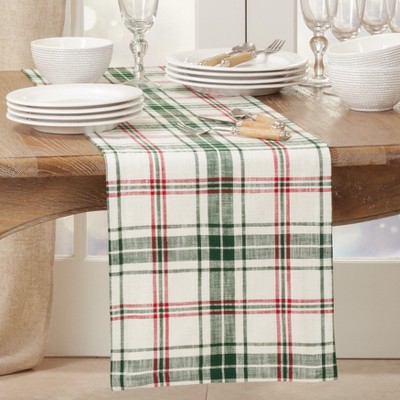 White and Green Plaid Cotton Table Runner
