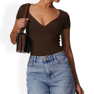 Anna-Kaci Women's Short Sleeve Sweetheart Neckline Bodysuit with Slim Fit and Stretch Fabric