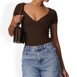 Anna-Kaci Women's Short Sleeve Sweetheart Neckline Bodysuit with Slim Fit and Stretch Fabric - 1 of 4